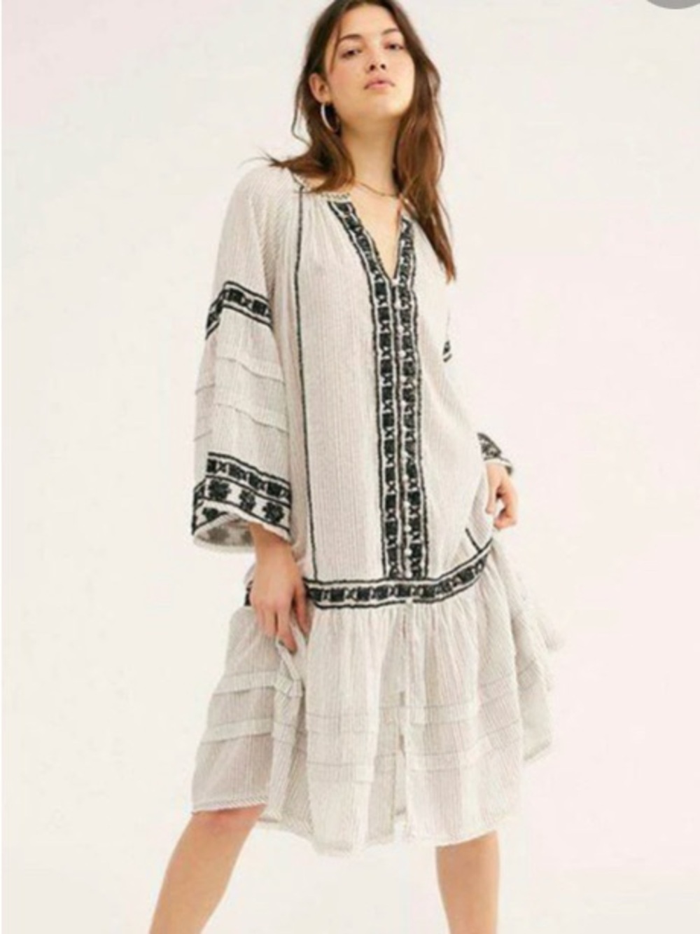 Free People White Dress with Black Embroidered Trim